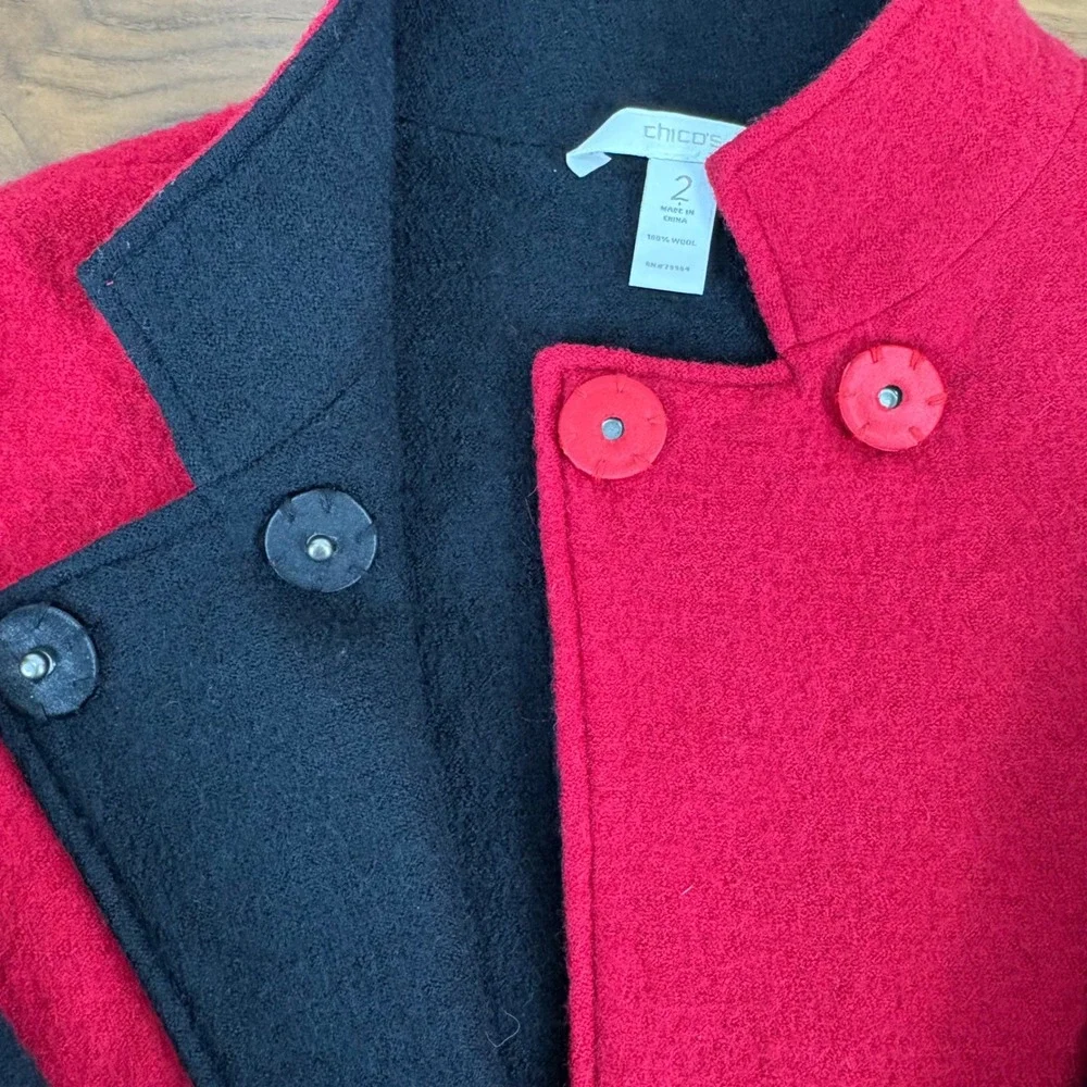 Chicos Red Black Reversible 100% Wool Mandarin Collar Jacket Blazer Sz 2/US 12‎